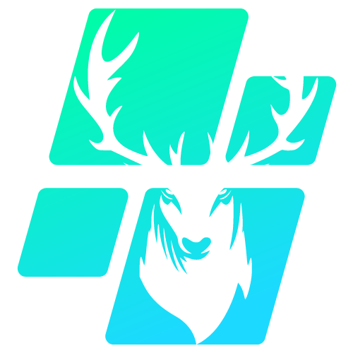 Image of a logo. 4 squares skewed with a deer head silhouette coming through.