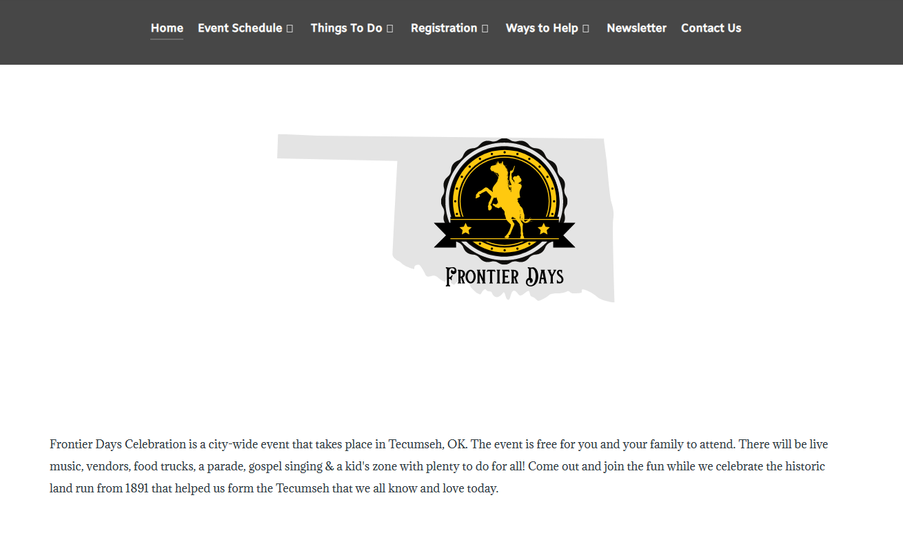 Image of the home page website page for Frontierdaysok.com