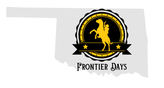 Frontier Days, OK logo of cowboy on a horse in front of the state of Oklahoma silhouette.