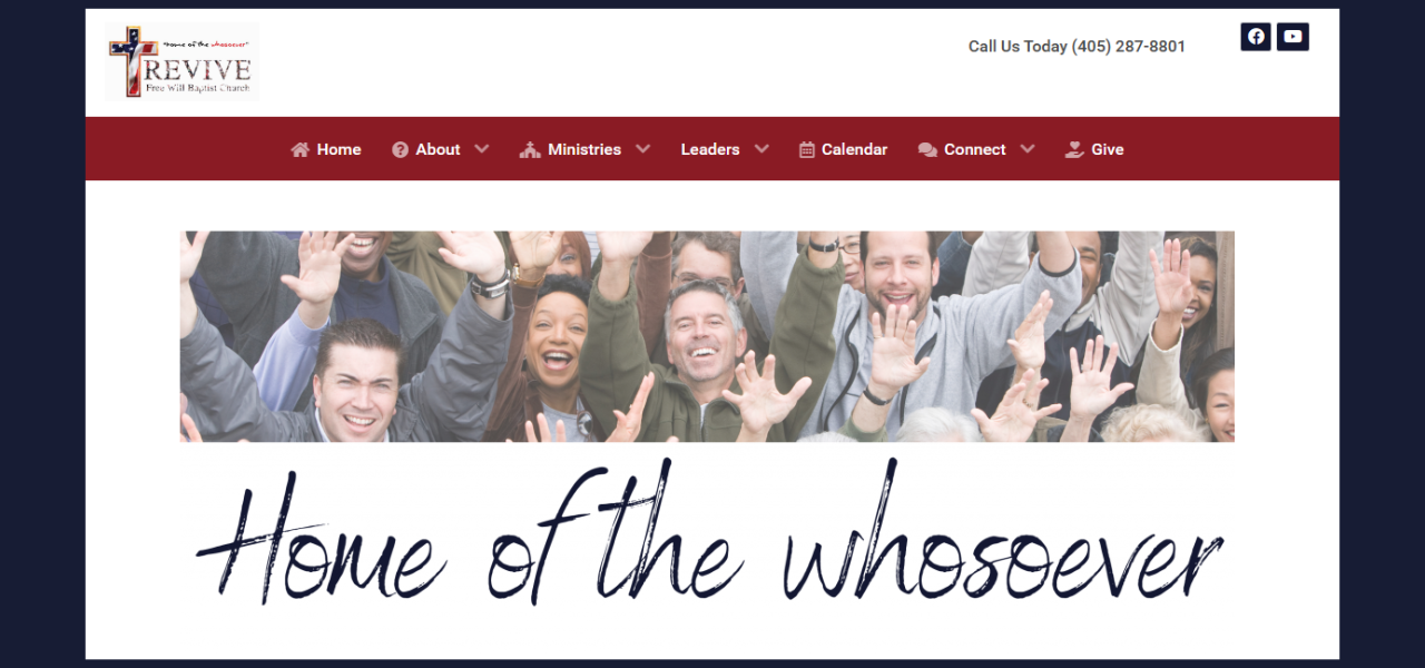 Image of the home page website page for Revive Free Will Baptist Church.
