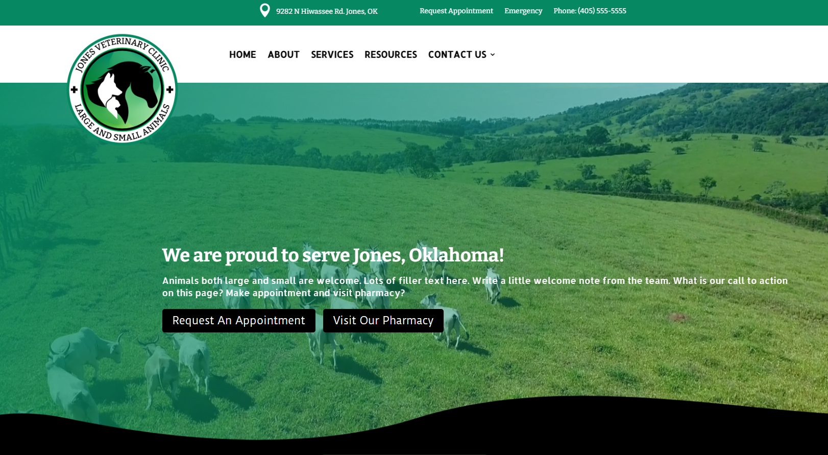 Image of the Jones Vet Clinic website header which includes a video of cows running through a pasture.