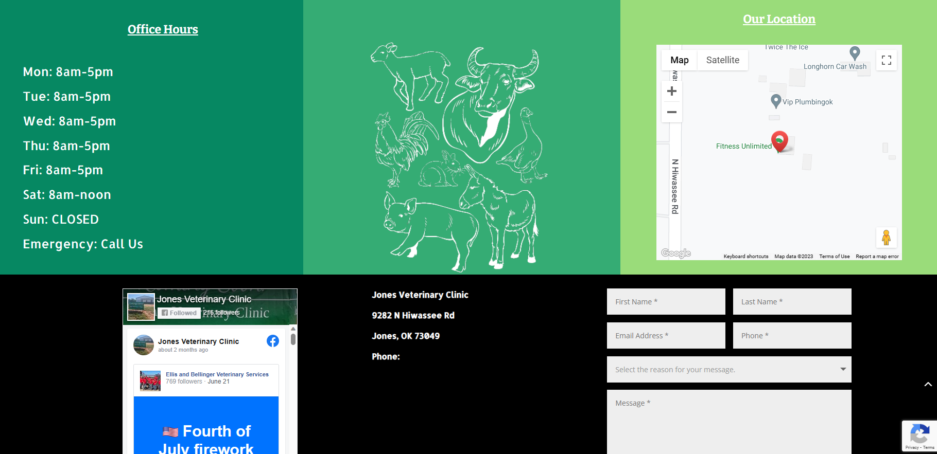 Image of the Footer section of the Jones Vet Clinic website, which includes office hours, social feed, email form, and Google map.