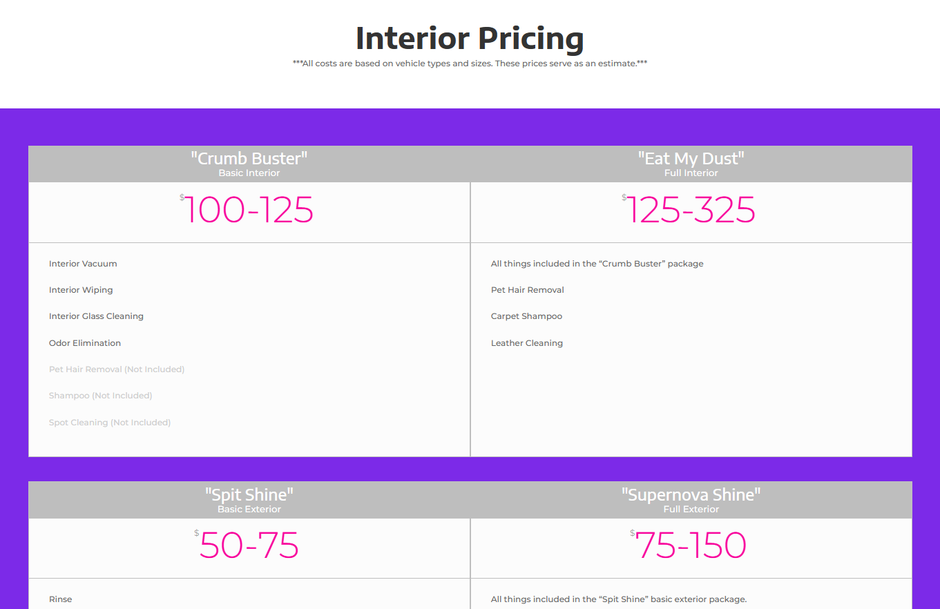 Screenshot of pricing tables.