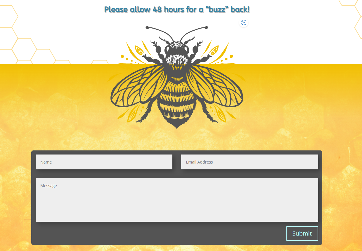 Honey bee and honeycomb on website contact page and shows form.