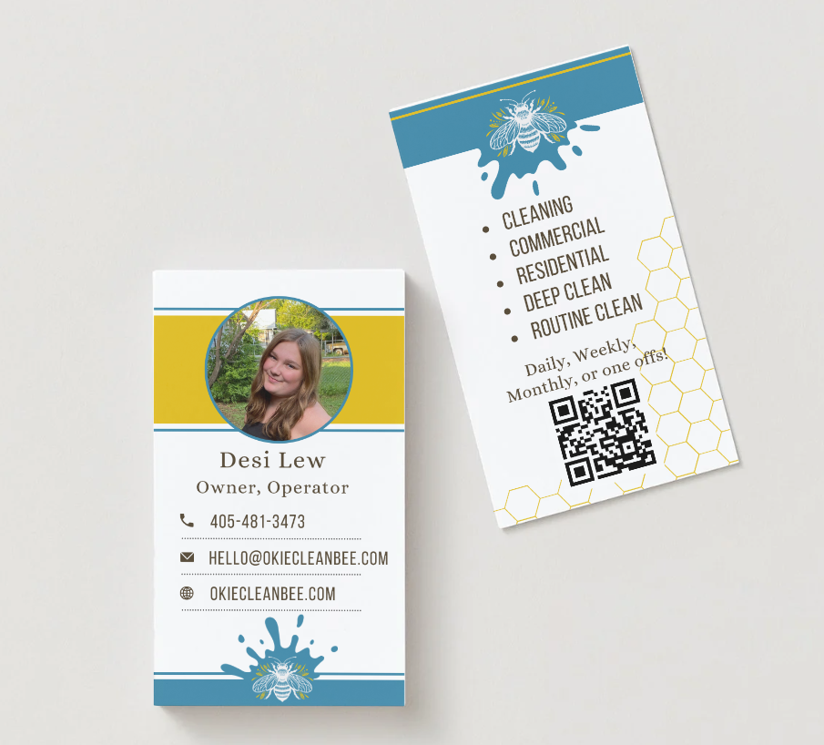 Okie Clean Bee business cards front and back view. Shows contact information and a headshot of owner, Desi Lew.