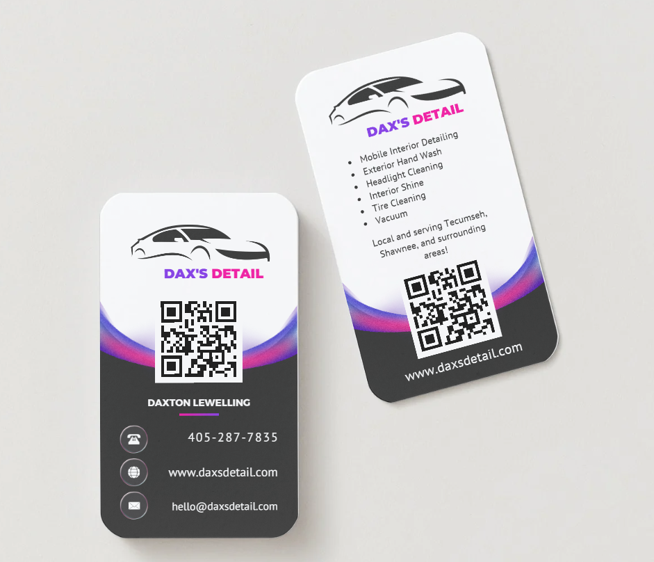 Image of Dax's Detail business cards front and back. All text except for logo which is a car.