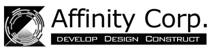 Affinity Corp. Logo has text says "Design, Develop, Construct" Image is two triangles and a circle image.