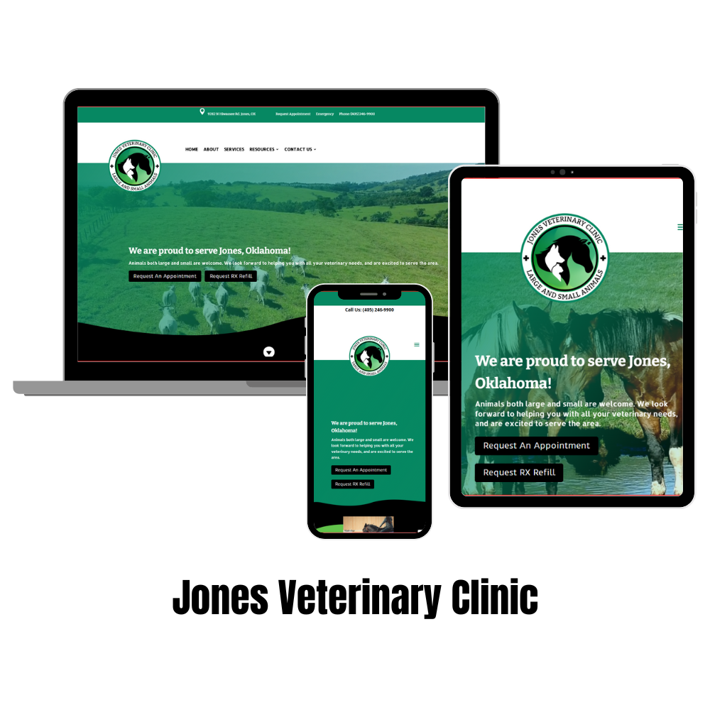 Image of laptop graphic, tablet, and cellphone that show the responsive website home page of Jones Veterinary Clinic.