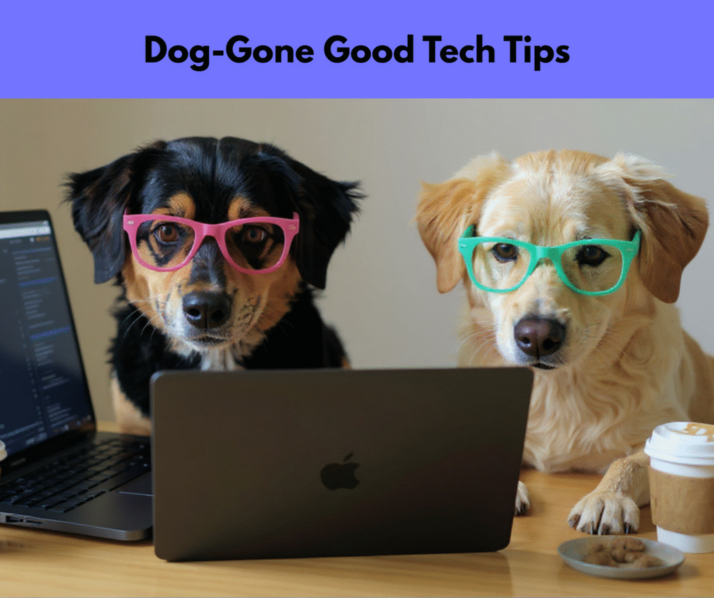 Two dogs wearing glasses sit at a desk and look at a laptop, with coffee and dog biscuits in front of them.