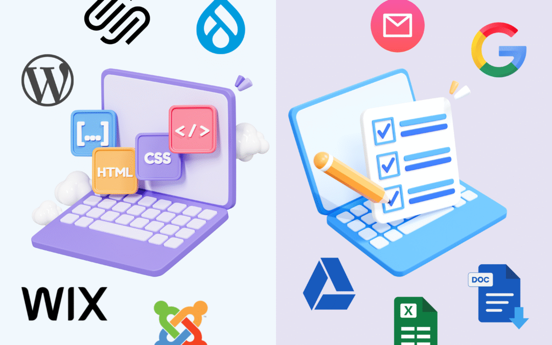 Two laptops comparing html elements and cms systems vs checklists and Google Suite tools.