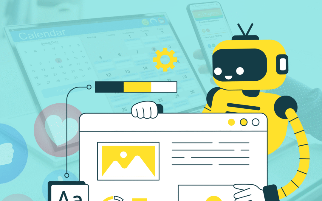 Robot points to automated system in foreground. Likes, shares, and content scheduler in background.