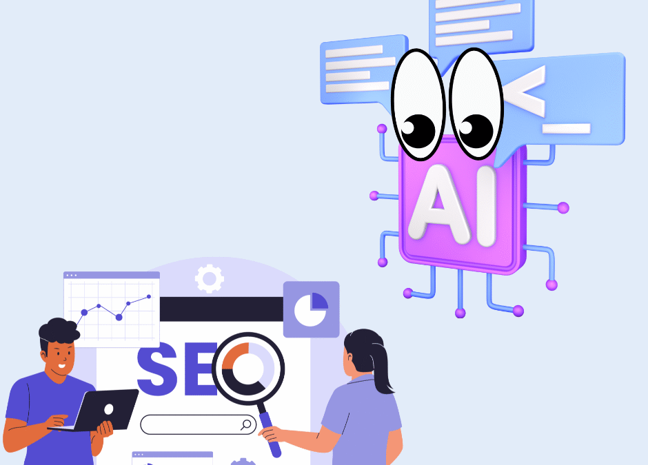 Graphic shows an AI character looking at two people inspecting SEO page representing smart blog to be ranked by AI.