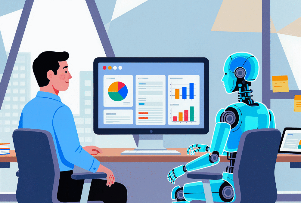 An illustrated graphic shows a human and robot sitting together in front of a computer screen that displays content planning using analytics.