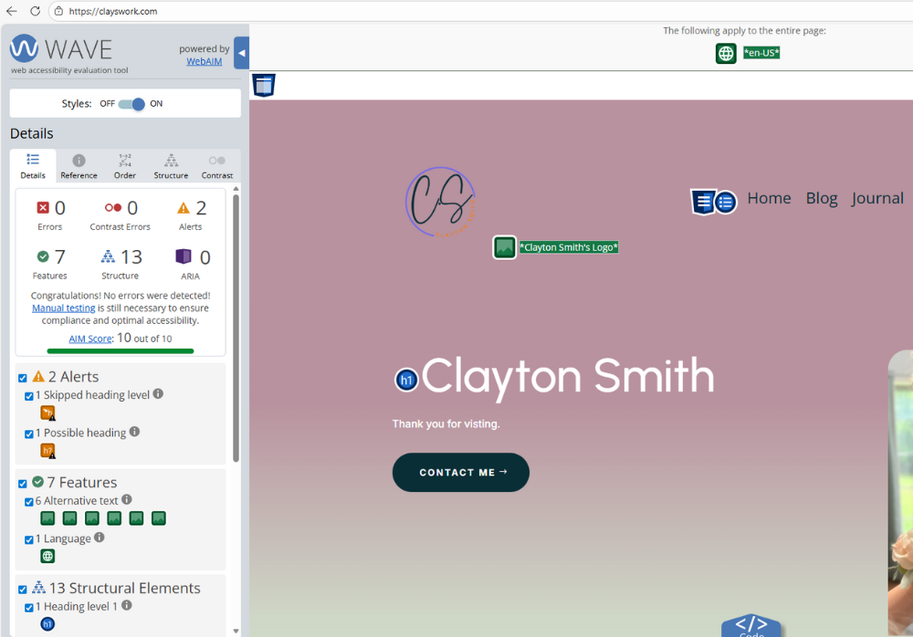 Screenshot shows Clayswork.com Homepage website being tested using the WAVE tool. WebAim score shows 10 out of 10.