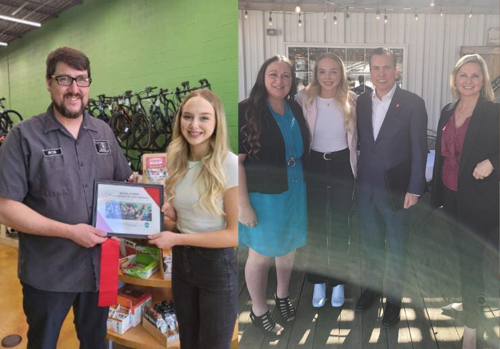 Intern Delaney Brown shown holding up "Buck for Luck" at Spokelahoma bike shop in Tecumseh. She is also pictured with community leaders at a luncheon on the right.