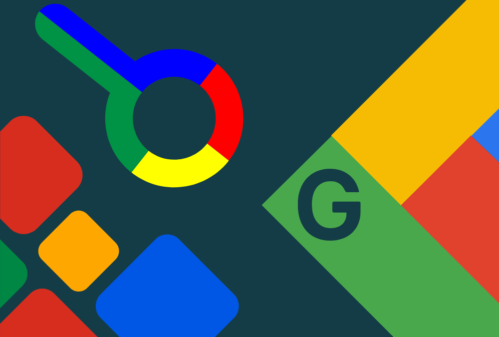 Geometric shapes that are in logo colors of Google. Includes graphic of a search magnifying glass and a "G" to represent Google.